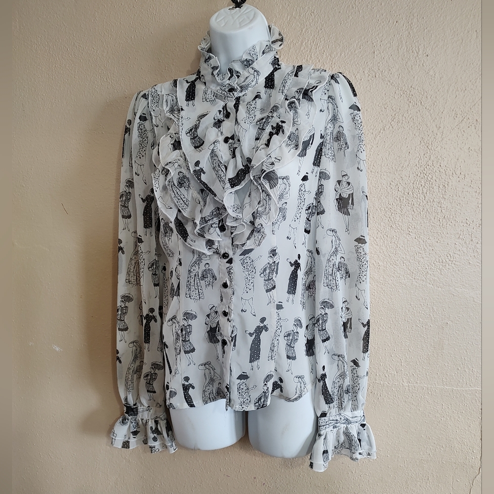 Blingor Size Small Medium Chiffon Black & White Blouse Sheer Paris Fashion Model